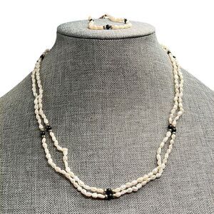 Vintage Faux Pearl Double Strand Necklace & Bracelet Set Black Beads Gold Tone